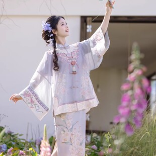 花神司【一曲紫鸢】民国风印花旗袍对襟绣花圆领衫淡雅国风套装
