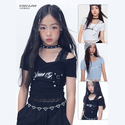 CBXLAB儿童甜酷落肩蕾丝拼接短袖