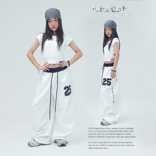 CBXLAB儿童街舞潮牌白色黑腰头蕾丝贴布JAZZ运动裤 撞色街头潮 美式