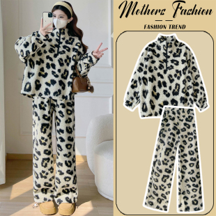 孕妈羊羔毛立领豹纹洋气上衣裤 韩版 子两件套 秋冬2025新款 孕妇套装