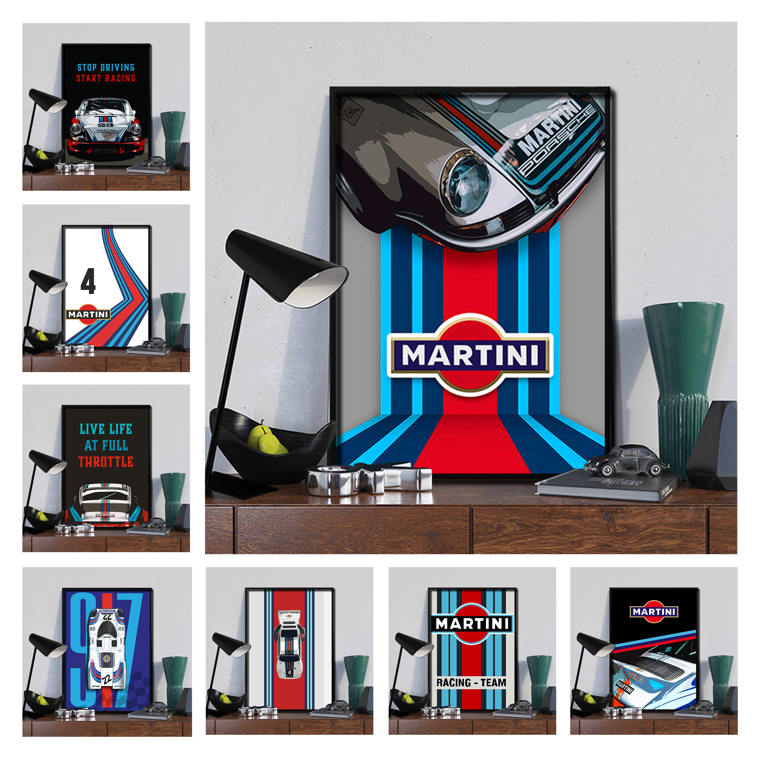 马天尼martini涂装挂画保时捷勒芒赛车壁画车迷改装店车库装饰画