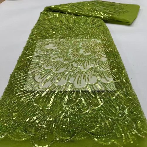 新款绿色网纱面料重工珠片亮片刺绣花朵礼服婚纱布料beads lace