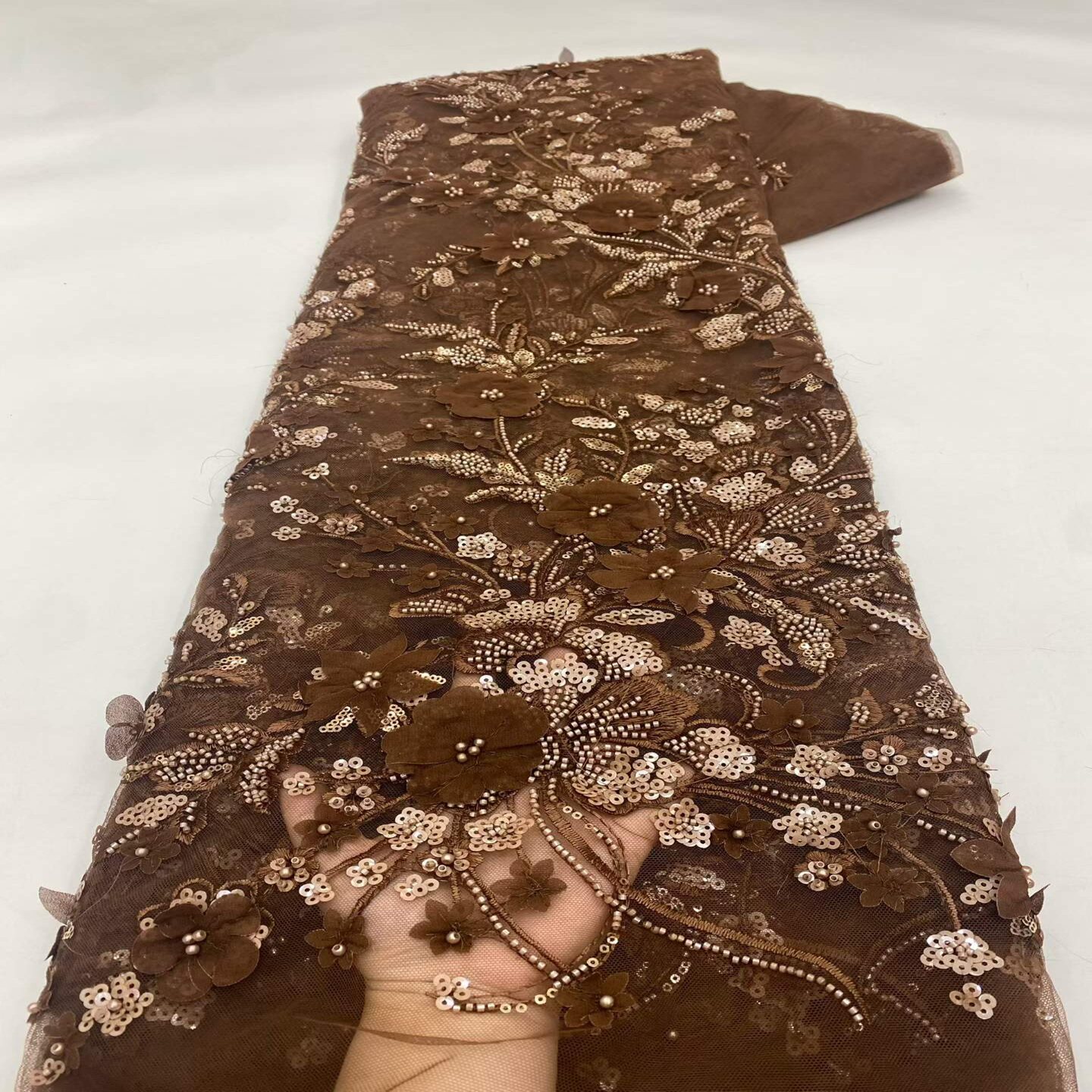 新款高端珠管刺绣亮片网纱面料立体花婚纱礼服布料蕾丝beads lace
