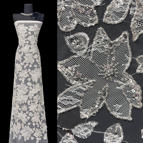 新款白色蕾丝网纱珠管亮片绣花面料婚纱礼服布料刺绣lace fabric