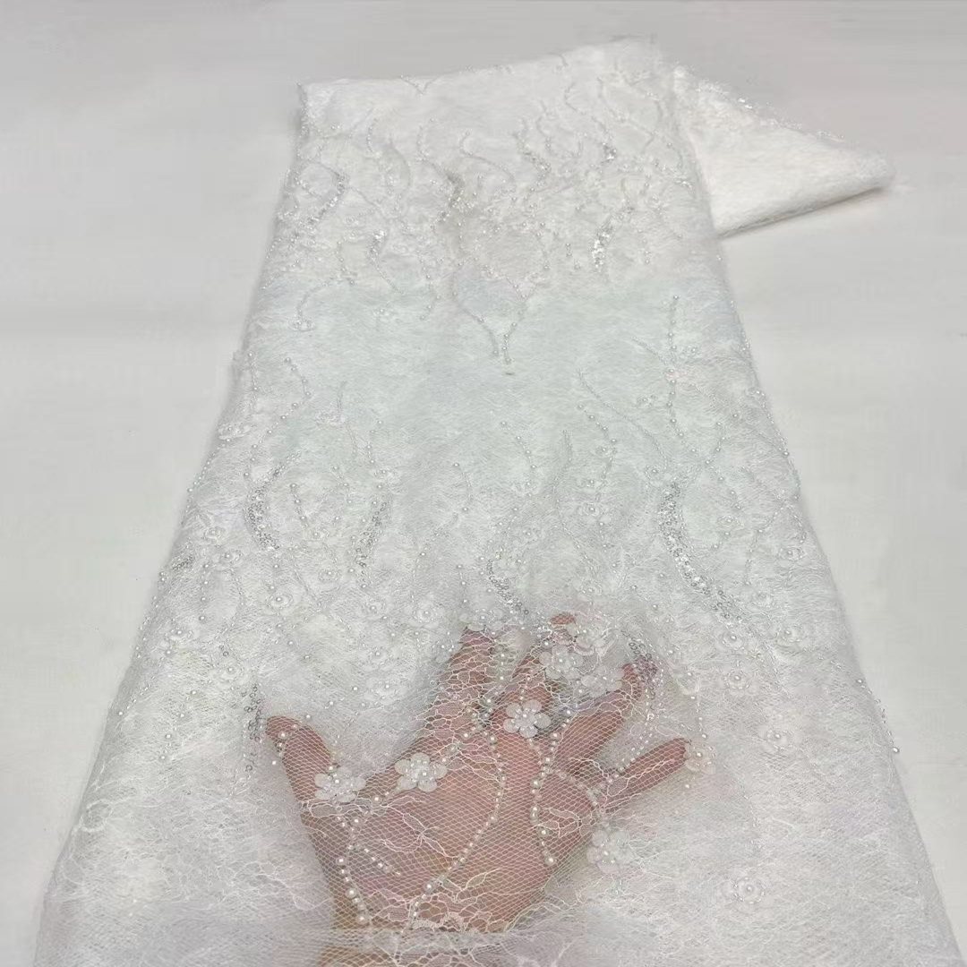 欧美新款白色蕾丝面料珠管绣亮片钉珠婚纱礼服高档重工布料批发
