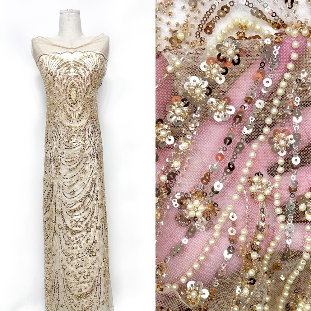 高端重工珠管亮片绣网纱面料婚纱礼服布料奢华刺绣串珠蕾丝面料