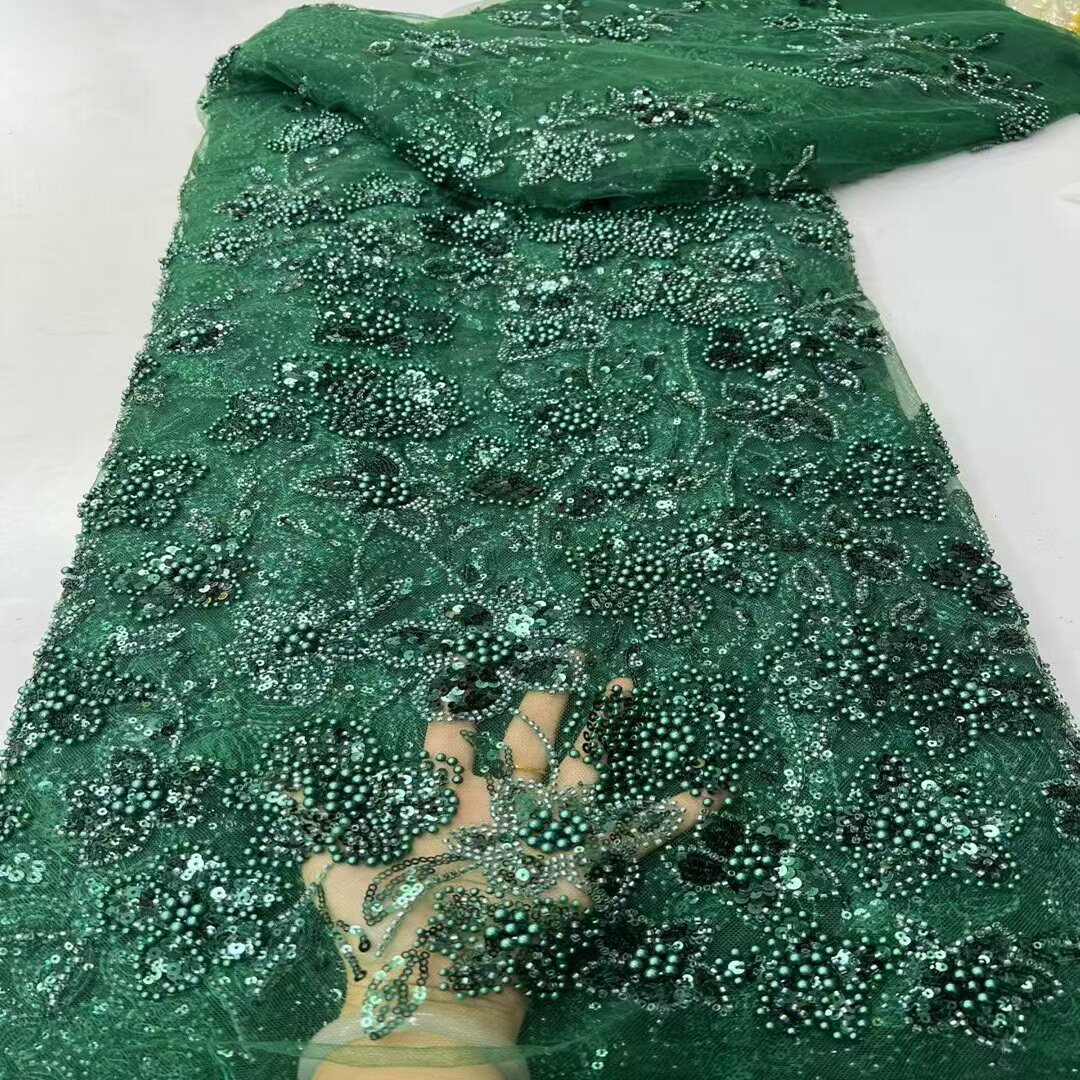 新款高端绿色珠管亮片泡珠绣花面料网纱婚纱礼服布料beads lace