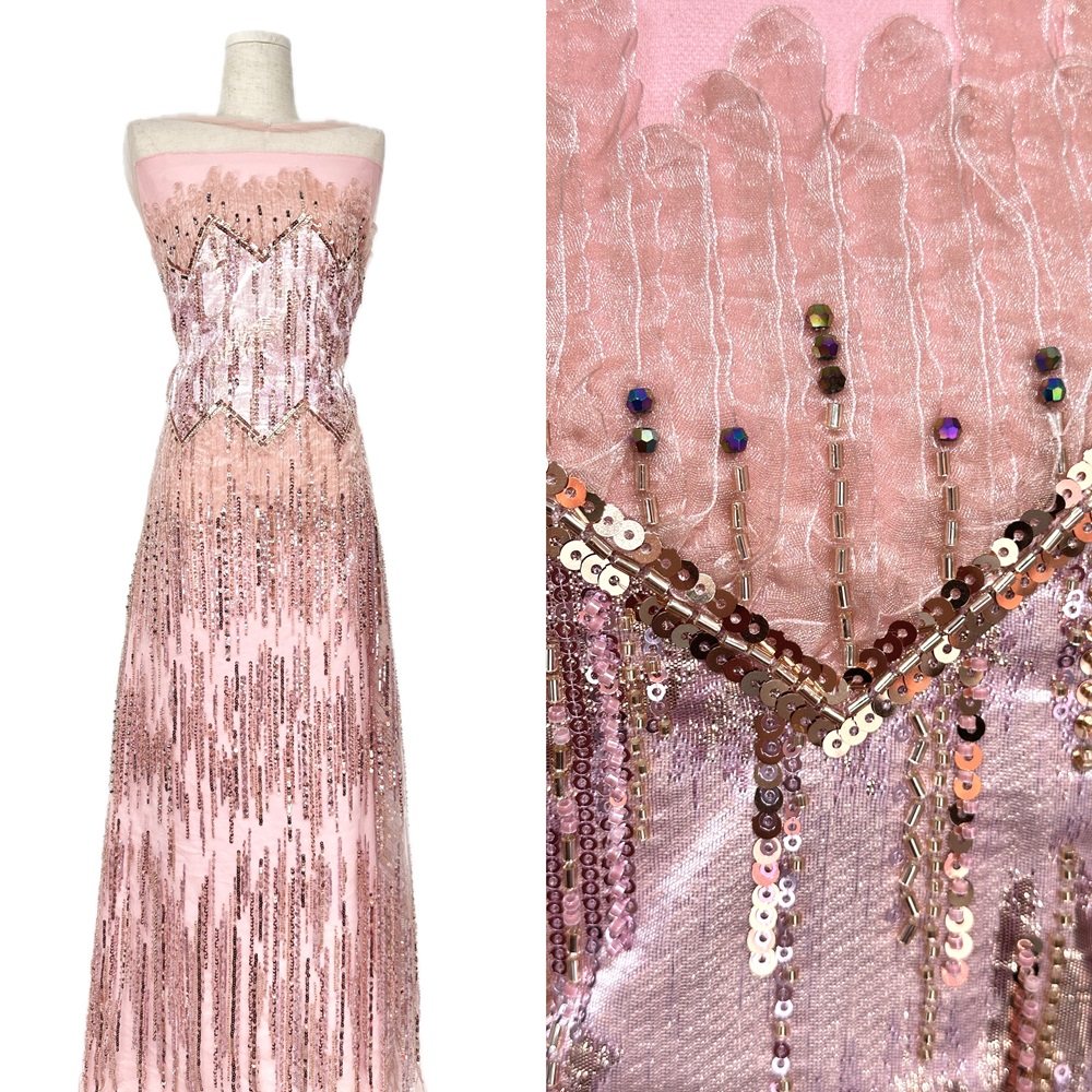 新款重工珠管亮片绣面料粉色流苏片珠婚纱礼服晚礼服设计师布料