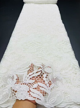 新款高档白色水溶蕾丝刺绣面料白色花朵婚纱礼服布料guipure lace