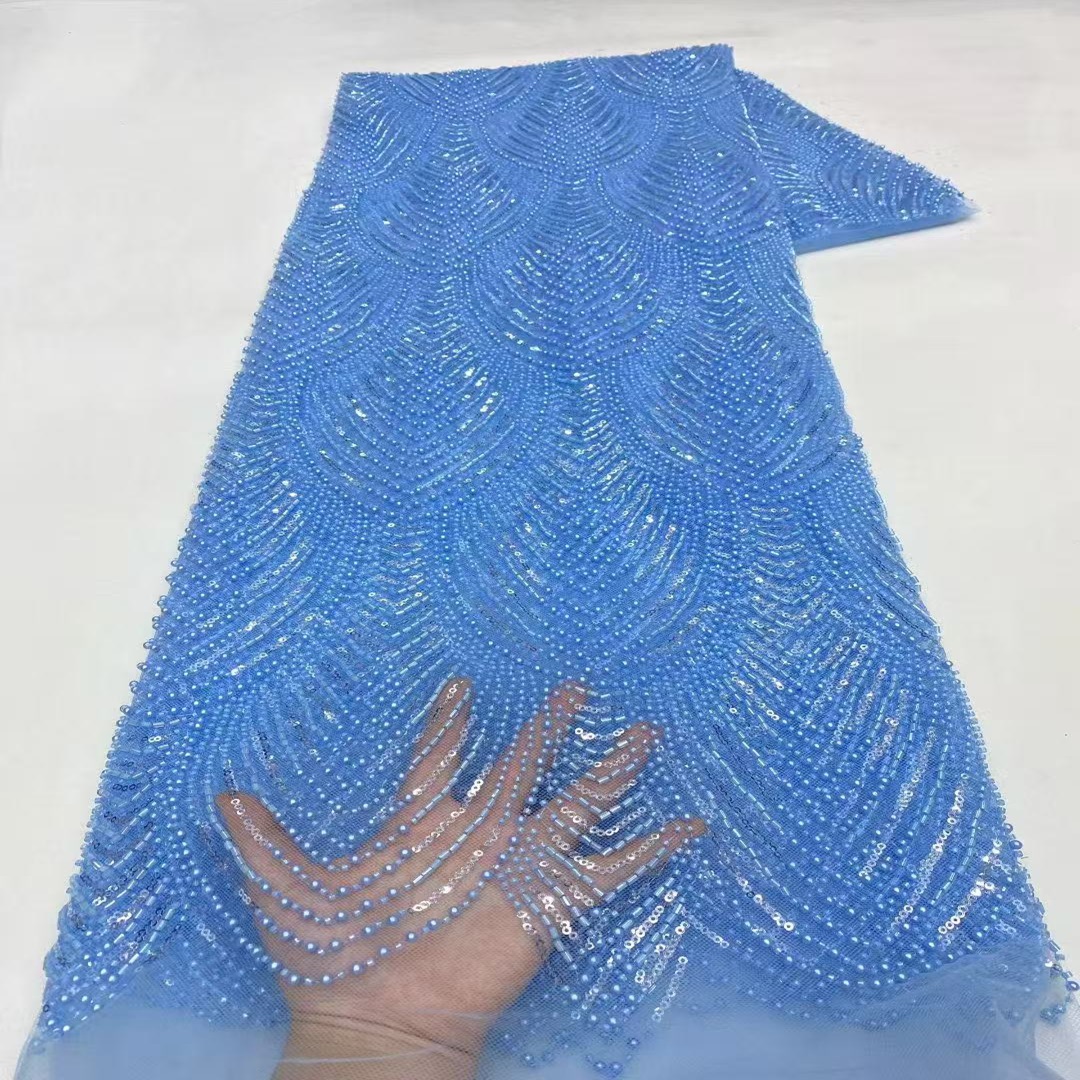 新款蓝色珠管绣亮片绣网纱面料婚纱礼服舞台服花边布料beads lace