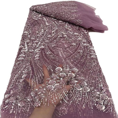 新款重工亮片珠管绣蕾丝面料紫色高档礼服婚纱布料 beads lace