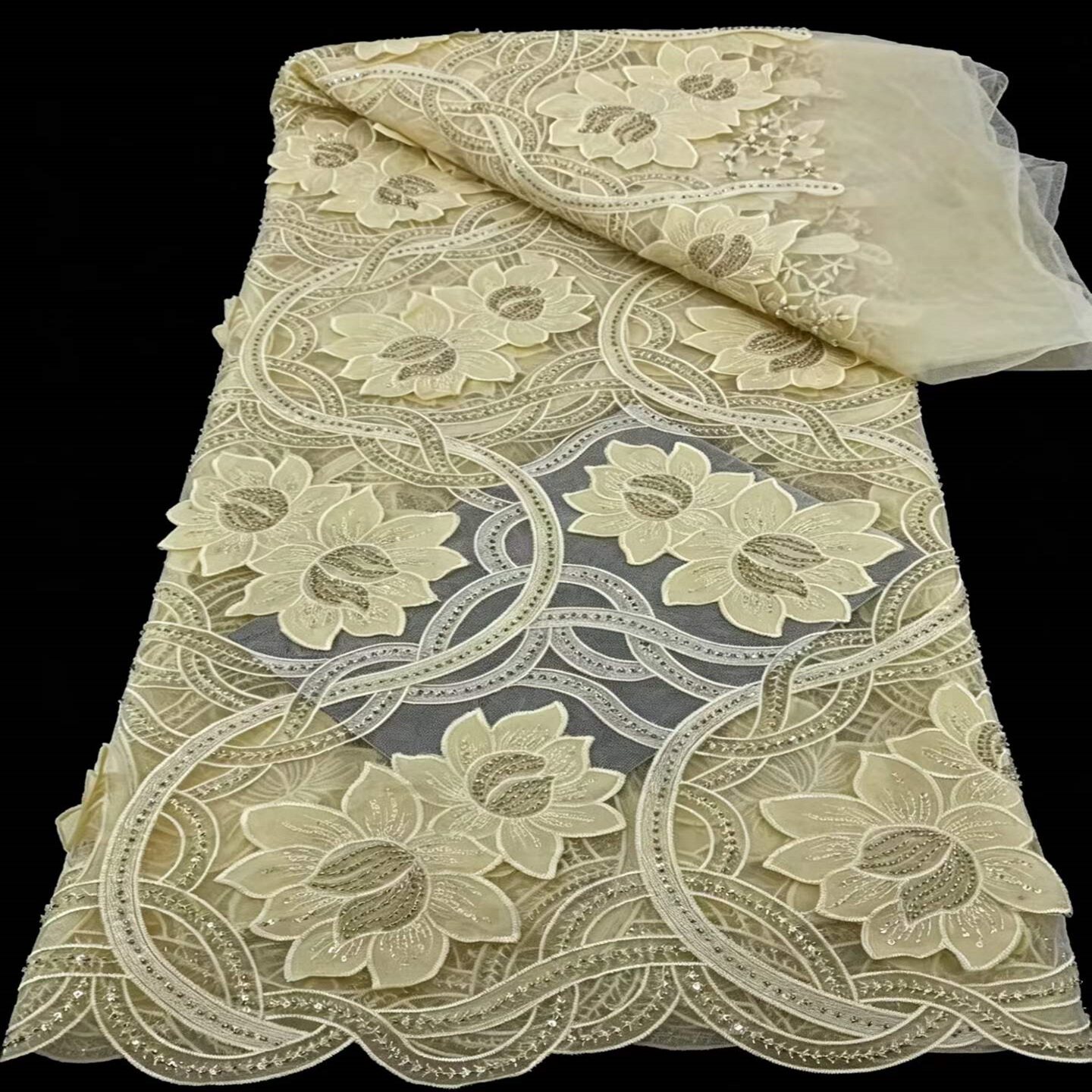 立体大花珠子珠片绣立体花朵蕾丝面料高端礼服舞台服绣花面料lace