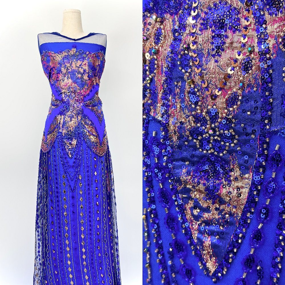 高端蓝色珠管亮片绣花面料布料晚礼服演出服时尚服装设计师面料