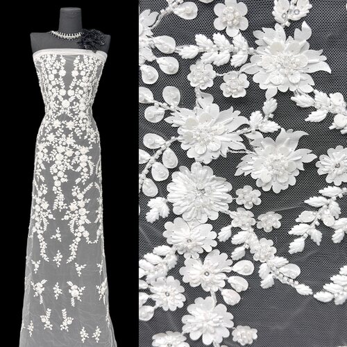 重工3D立体花朵钉珠蕾丝面料白色婚纱礼服手工刺绣设计师布料lace