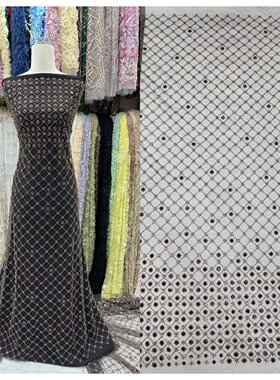 新款高端重工烫钻网布黑色礼服连衣裙面料奢华女装布料beads lace