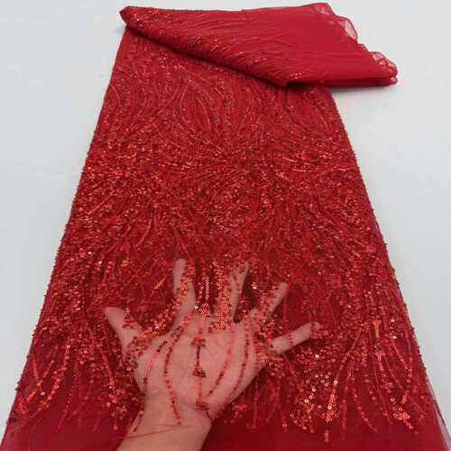 新款红色重工珠管亮片网纱刺绣面料婚纱礼服蕾丝布料sequins lace