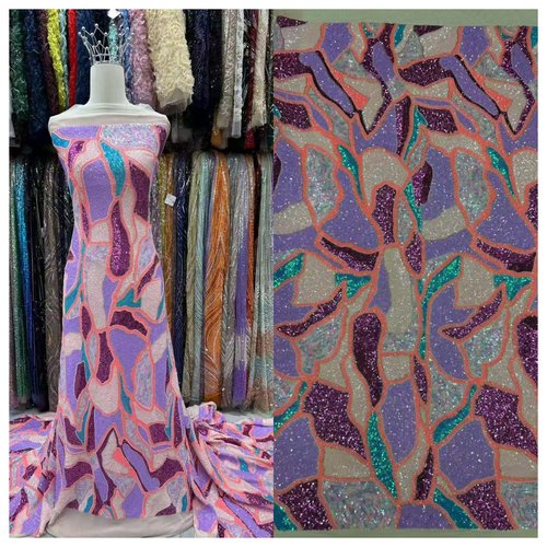 新款彩色抽象图案亮片面料重工刺绣婚纱礼服演出服布料DIY辅料