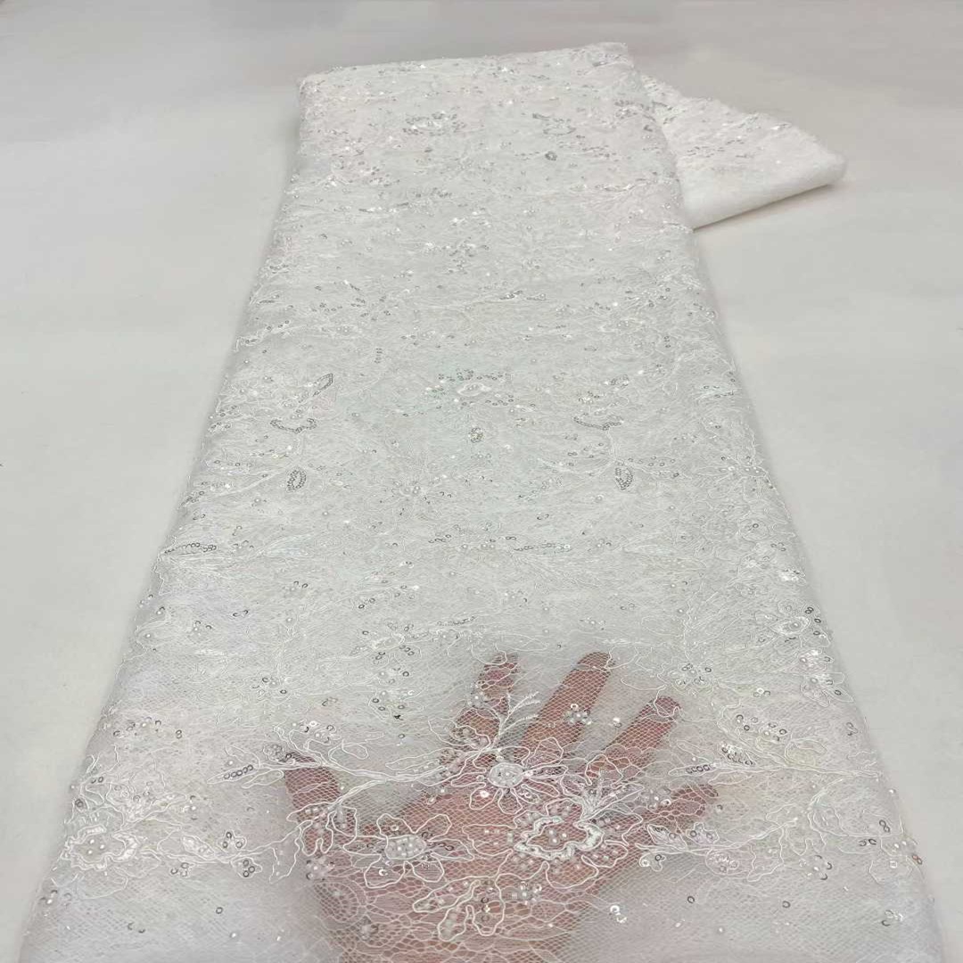 外贸新款白色蕾丝网纱面料珠管绣钉珠亮片刺绣婚纱礼服连衣裙布料