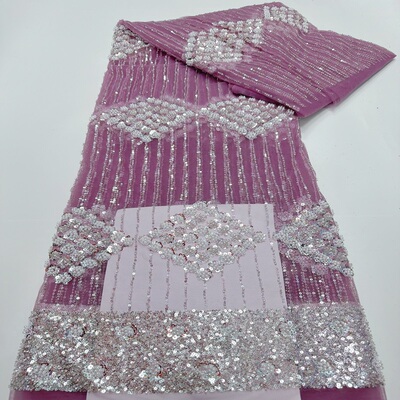 紫色亮片刺绣网纱面料珠片绣花蕾丝布料婚纱礼服布料sequins lace