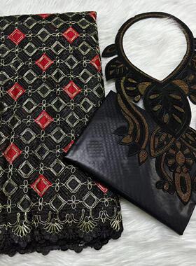 非洲风蕾丝刺绣面料2.5Y+2.5Y巴赞套装布料+领装饰 bazin cotton