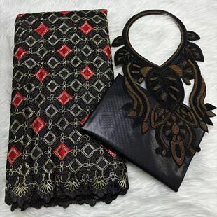 非洲风蕾丝刺绣面料2.5Y+2.5Y巴赞套装布料+领装饰 bazin cotton