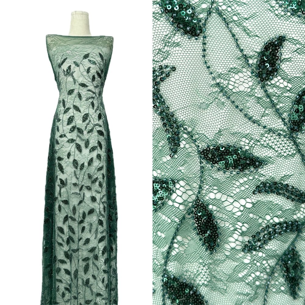 新款绿色叶子亮片珠管蕾丝面料高档婚纱礼服时尚服装布料厂家直销
