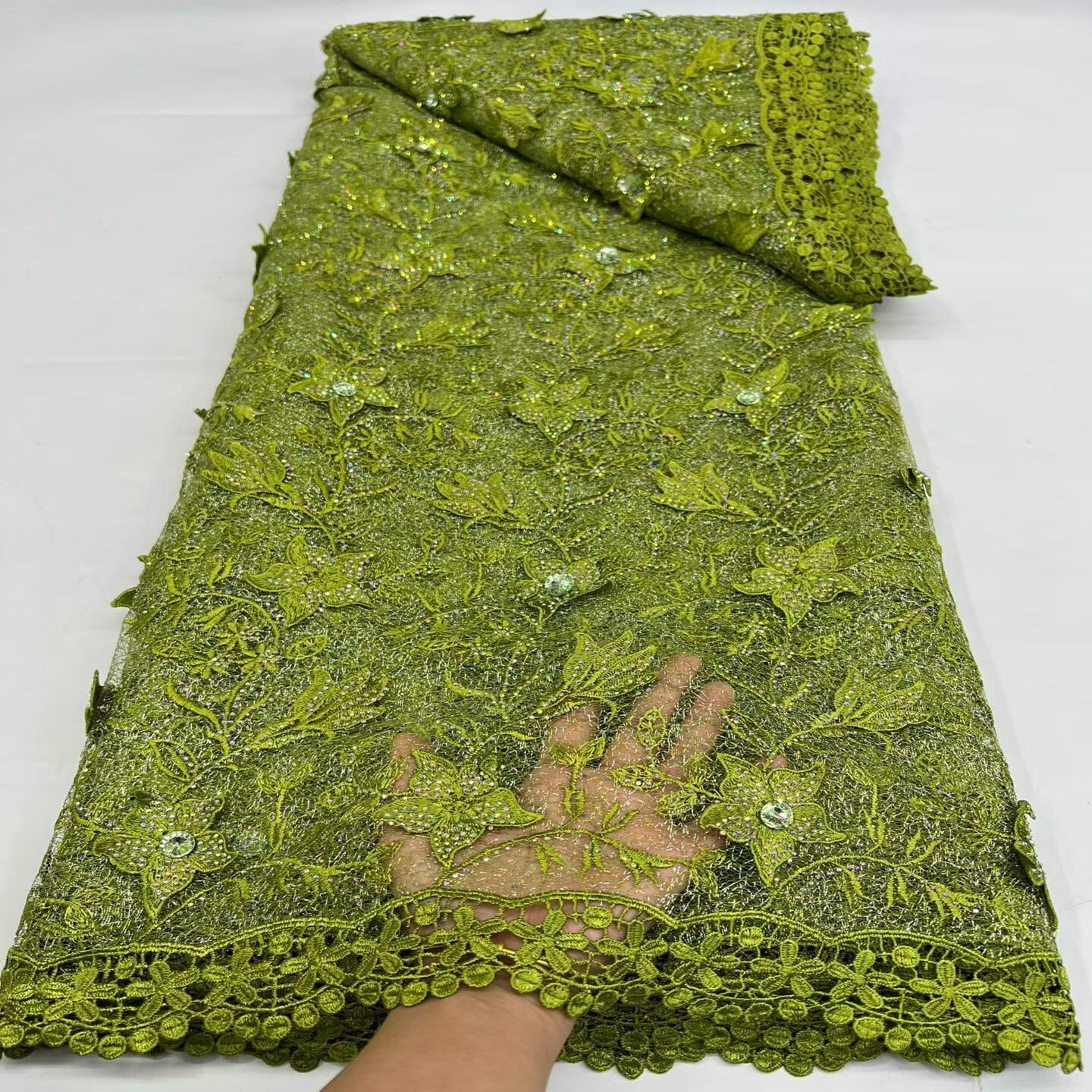 非洲大牌高档水溶蕾丝刺绣面料绿色花边礼服连衣裙服装布料lace
