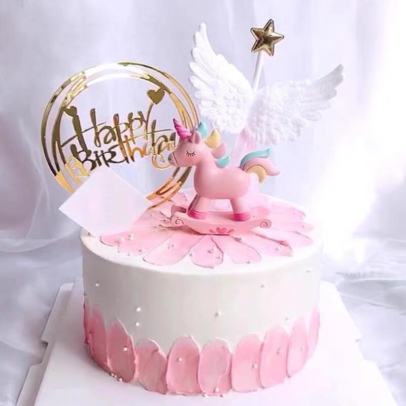 独角兽蛋糕装饰摆件烘焙配件粉色可爱小木马儿童摇摇马生日插件