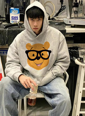 美式浅灰色卫衣男款秋冬连帽潮牌痞帅重磅加绒加厚情侣上衣外套潮