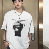 国潮牌美式 暗黑系人脸印花短袖 t恤男春夏纯棉重磅宽松上衣TEE