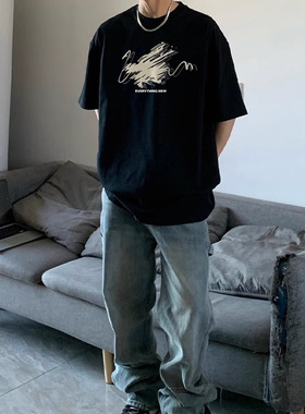 245g重磅纯棉短袖t恤男生潮牌夏季美式高街印花圆领黑色宽松上衣