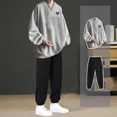 圆领卫衣男装 潮流美式 一套休闲宽松加绒超火搭配长裤 秋冬季 套装 潮