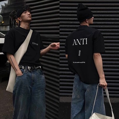 美式潮牌纯棉短袖t恤男士宽松2025新款夏季黑色重磅痞帅炸街上衣