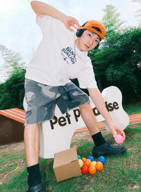 字母印花短袖t恤男白色纯棉夏季宽松潮牌美式正肩设计感潮流上衣