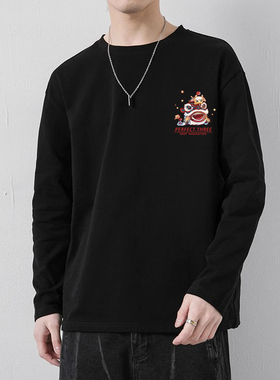 黑色重磅圆领卫衣男春秋季国潮设计感小众印花痞帅休闲百搭上衣服