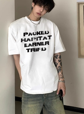 白色夏季美式高街短袖t恤男款字母印花宽松重磅纯棉半袖潮牌体恤