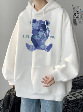 白色连帽卫衣男士宽松大码2024新款重磅潮牌秋冬加绒休闲青年上衣