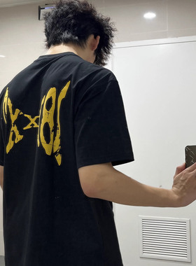 黑色后背印花短袖t恤男生潮牌痞帅美式高街夏季2025新款复古上衣