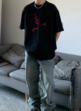 黑色美式痞帅炸街短袖t恤男生重磅纯棉夏季2025新款潮牌潮流上衣