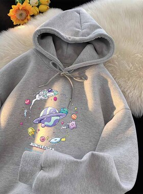 浅灰色连帽卫衣男秋冬季美式复古潮流设计感印花宽松重磅纯棉外套