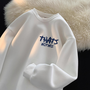 美式休闲白色圆领卫衣男款秋冬ins潮牌加绒宽松字母印花男士上衣