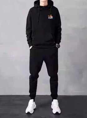 连帽卫衣男士套装秋冬季潮牌痞帅宽松加绒休闲男款搭配运动裤一套