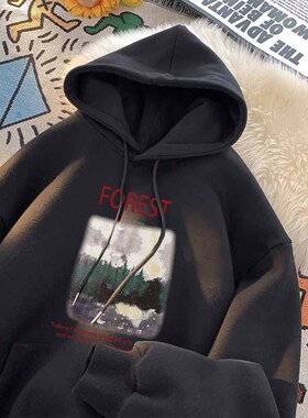 黑色连帽卫衣男2024秋冬季男生新款重磅美式复古oversize男士外套