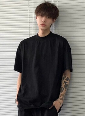 245g黑色重磅纯棉短袖t恤男生宽松韩版夏季基础款休闲半袖上衣服