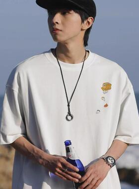 日系正肩男士短袖t恤男2025新款夏季潮牌纯棉宽松大码白色上衣男