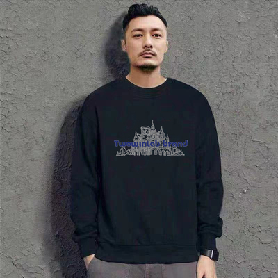 2025新款黑色圆领卫衣男秋冬季潮牌百搭宽松休闲痞帅加绒印花外套