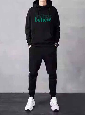 连帽卫衣男秋冬款字母印花休闲搭配运动裤套装潮牌痞帅男装两件套