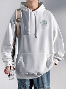 白色设计感连帽卫衣男士秋冬季潮牌宽松痞帅青少年休闲百搭打底衫