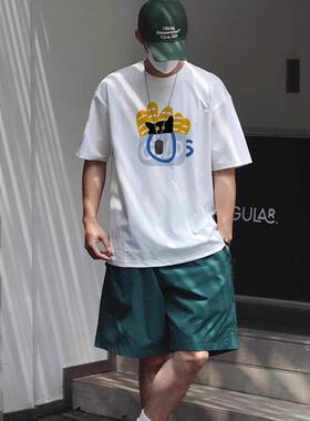 美式潮牌重磅白色纯棉猫咪短袖t恤男夏季宽松正肩半袖体恤上衣服