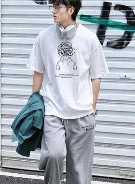 潮牌正肩短袖t恤男士春季新款重磅纯棉白色打底衫男宽松圆领上衣